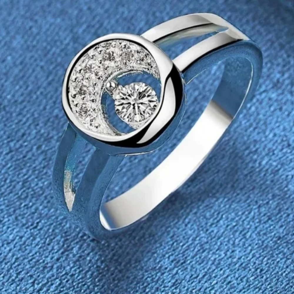 Luxury High Quality Unisex 925 Sterling Silver Crystal Crescent Moon Ring sz 8